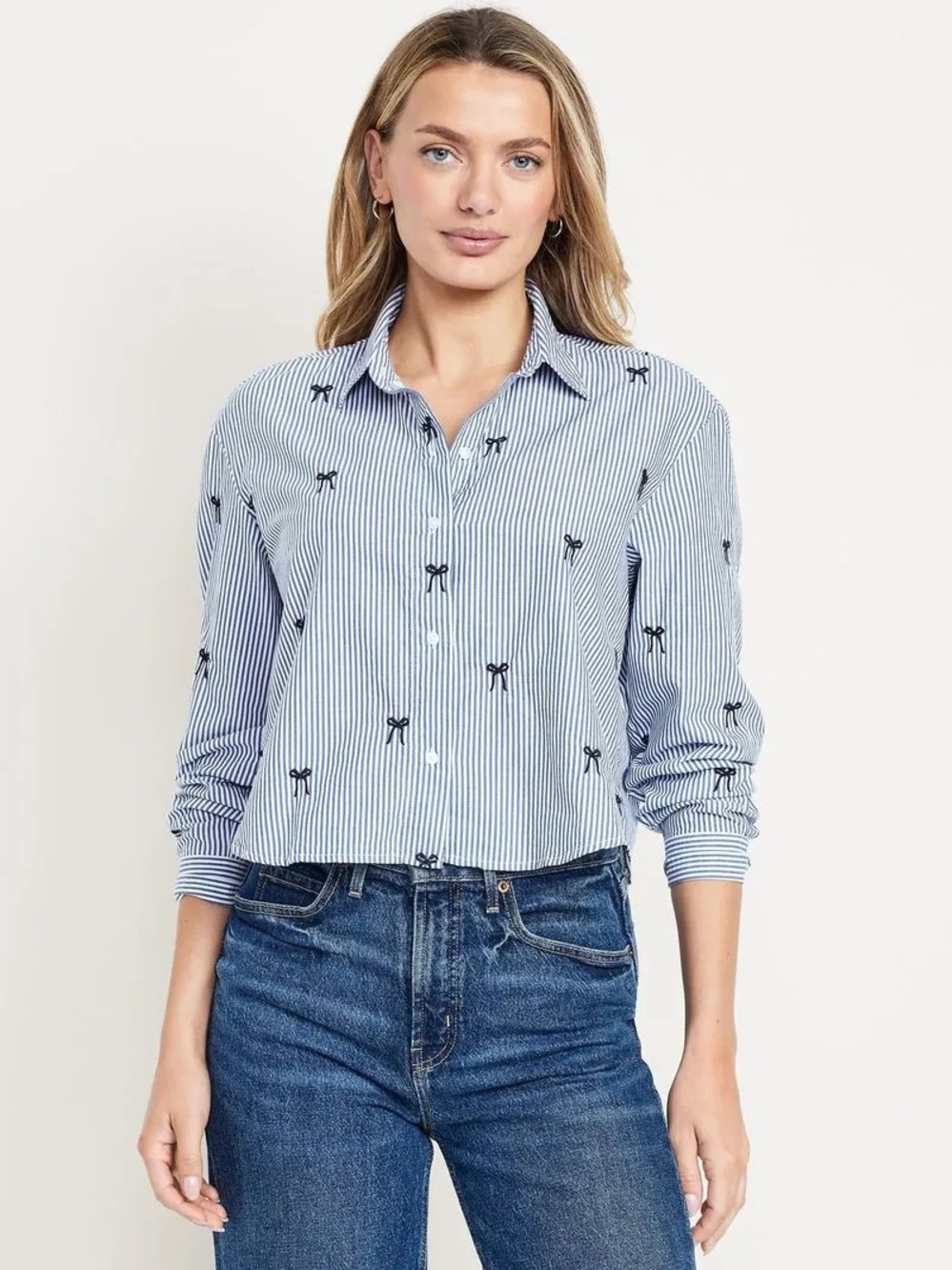 Old Navy Cropped Button Front Bow Embroidered Striped Coquette Shirt Size Large